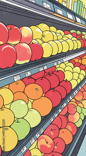 Fresh fruits are displayed on shelves in a grocery store during the daytime