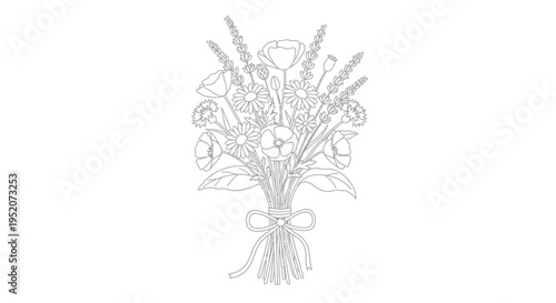 Bouquet of flowers tied with ribbon.