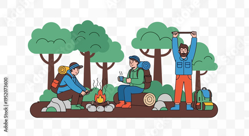 People camping in a forest with a campfire and trees.