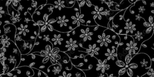 Distressed Monochrome Halftone Floral Vines Seamless Texture with Dark Background and Gritty Dot Pattern. vector illustration