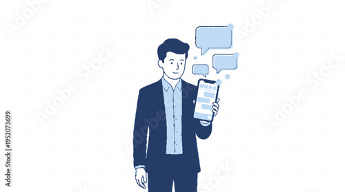 Businessman in professional suit stands holding tablet with speech bubbles indicating communication or messaging