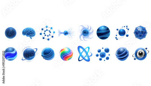 3D artificial intelligence icon set with neural network, machine learning and AI system symbols. Modern tech icons isolated on transparent background ideal for AI apps, dashboards and tech.