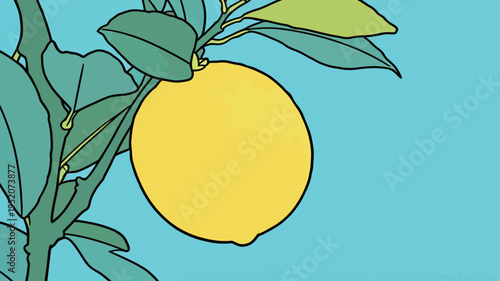 Lemon hanging from a branch on a bright blue background in a simple illustration