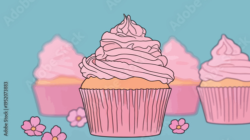 Cupcakes with pink icing and flowers on a light blue background during a baking event in spring