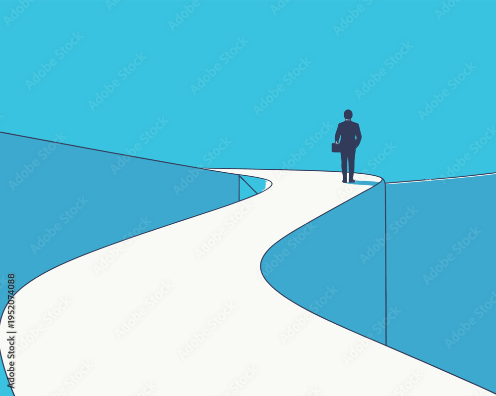 Obraz premium Business person stands on path between two cliffs under blue sky in a symbolic view of risk and opportunity