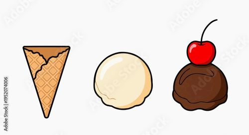 Set of delightful illustrated ice cream elements, perfect for designing your treats! A waffle cone, vanilla ice cream, and chocolate ice cream topped with a cherry.
