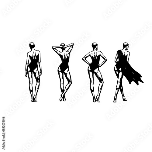 four women in black swimsuits vector illustration
