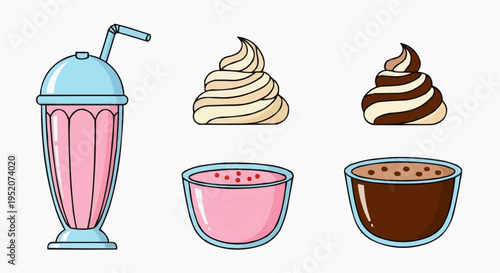 A colorful assortment of delicious desserts: milkshakes, puddings, and whipped cream swirls