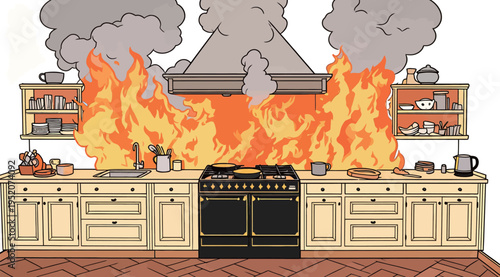 Kitchen fire causes chaos with flames and smoke during dinner preparation