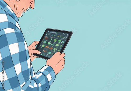 Man holds a tablet while looking at a colorful screen with plants and nature designs in a simple setting