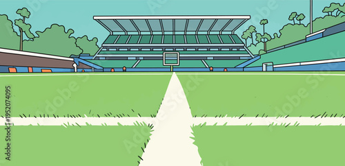 Empty sports field with green grass and stadium seating in bright sunlight during afternoon