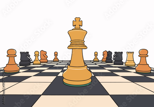 Large golden king chess piece stands in center of chessboard with black and white squares and various other pieces arranged around it