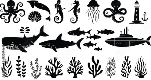 Ocean marine life silhouette set, sea animals and nautical icons vector collection, underwater creatures, coral reef illustration bundle