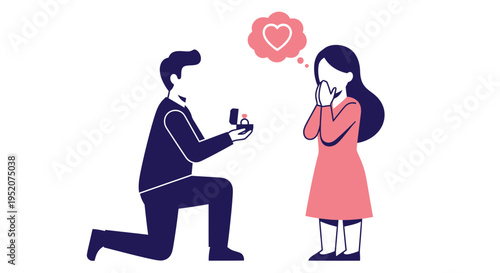 Man proposes marriage to woman with ring and heart symbol.