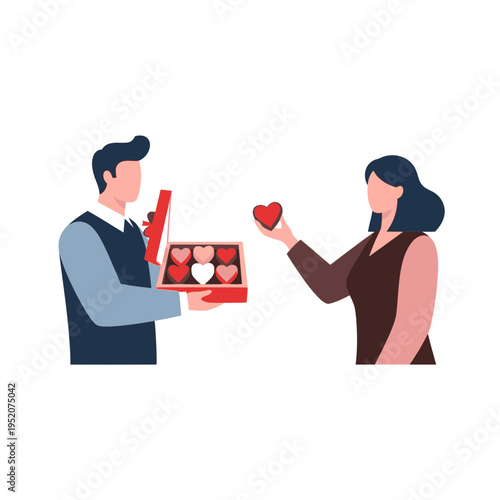 Man gives woman chocolates and a heart gift.