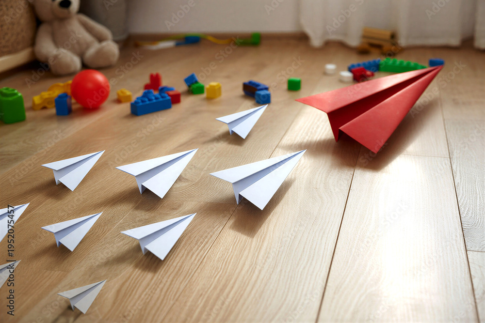 Obraz premium Colorful paper airplanes and building blocks on wooden floor with toys in playful indoor setting