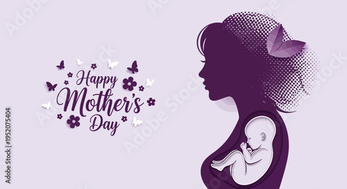 Elegant Happy Mother's Day Card with Pregnant Woman Silhouette and Baby Fetus Symbol in Purple Paper Cut Style with Butterflies and Flowers