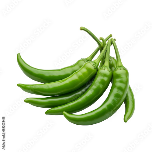 A fresh bunch of vibrant green chili peppers gathered together with their stems pointed upwards