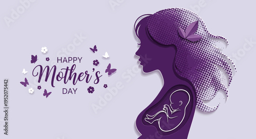 Happy Mother's Day Greeting Card with Purple Silhouette of Pregnant Woman and Baby in Womb Paper Cut Art Style