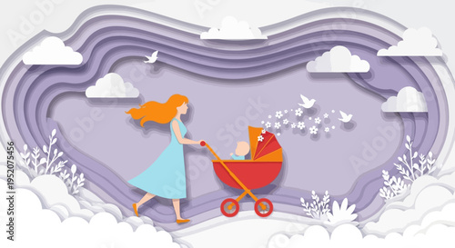 Paper Cut Art Illustration of a Mother Walking with Baby in a Stroller Against a Dreamy Purple Layered Cloud Background