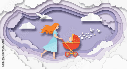 Paper cut art style illustration of a mother pushing a baby in a stroller through a dreamy sky with clouds and birds, motherhood and peaceful parenting concept.