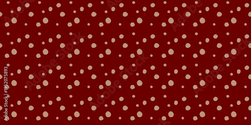 Elegant seamless pattern with tan hand-drawn polka dots on a dark red background. Rich luxury wallpaper for winter holiday branding, festive textiles, and classic gift wrapping.