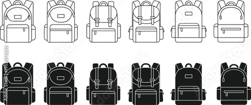 Backpack icon set featuring school bag silhouettes and line art illustrations for education travel hiking and student outdoor luggage equipment
