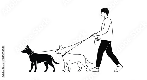Simple black and white vector illustration depicting a person walking two dogs side by side on leashes outdoors