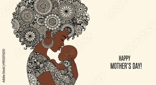 Happy Mother's Day Illustration of a Black Woman with Mandala Pattern Afro Hair Holding her Baby - African American Maternal Love Concept Art