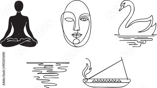 Minimalist white line art icons featuring a meditating person, serene face, swan, and sailboat
