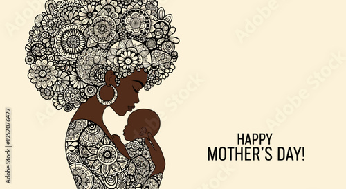Black Mother with Beautiful Floral Pattern Afro Hair Cradling Baby Happy Mother's Day Illustration
