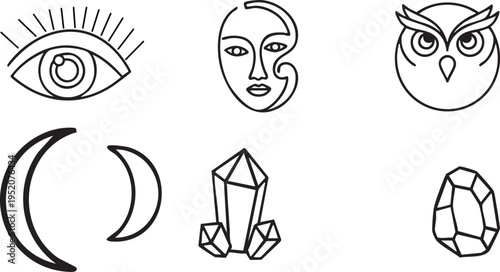 Mystical Line Art Collection with Eye, Moon, Owl, Face Mask, and Crystals in Stippled Vector St