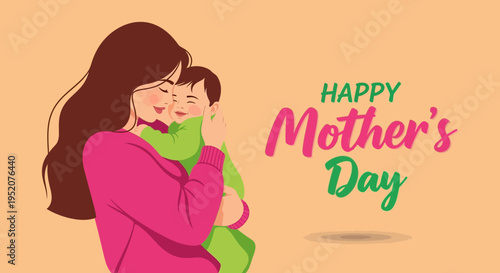 Happy Mother's Day Illustration - Mother Holding Smiling Baby Vector Concept