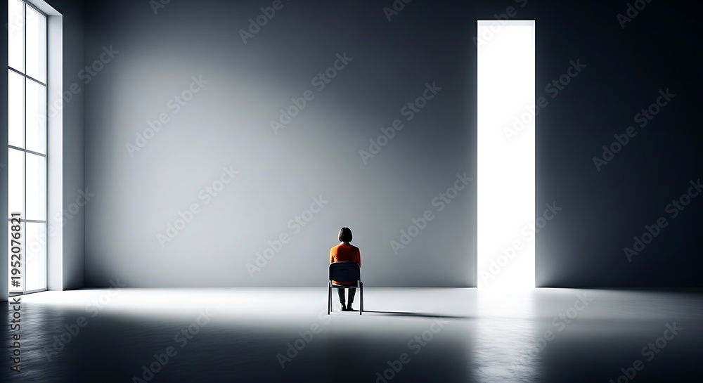 Fototapeta premium A person sits alone in a dimly lit room with a bright doorway