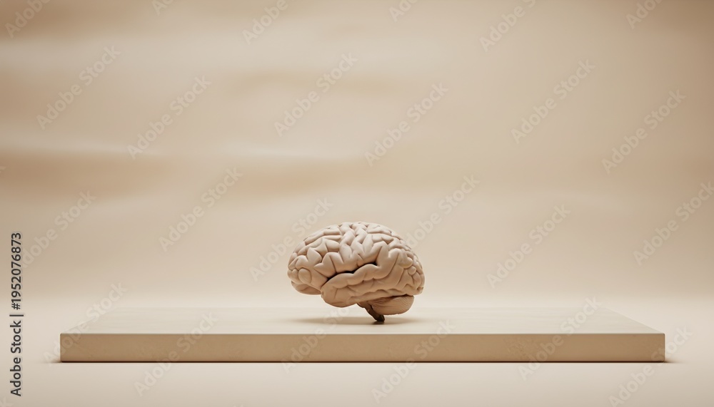 Naklejka premium brain conceptual mind intelligence psychology human brain anatomy presented on a wooden platform in a minimalist beige studio setting for science and mental health concepts.