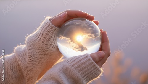 Crystal ball, hands, sunset, reflection, vision, future, conceptual glass sphere held in cozy sweater sleeves reflecting a golden sky with clouds at dawn for hope and peace.
