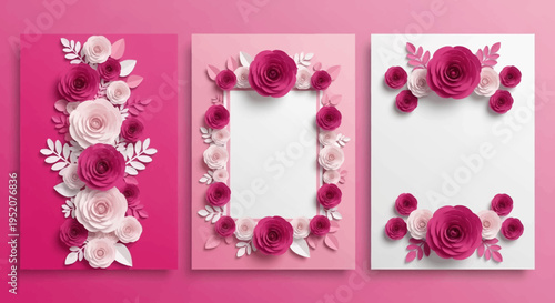 Set of Three Vertical Paper Cut Floral Greeting Card Templates with Pink Roses, Frames, and Decorative Leaves for Wedding Invitations and Valentine's Day