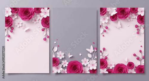 Set of Elegant Vertical Card Templates with 3D Paper Cut Pink Roses, White Blossoms, and Butterflies; Minimalist Floral Background for Wedding Invitations or Greeting Cards