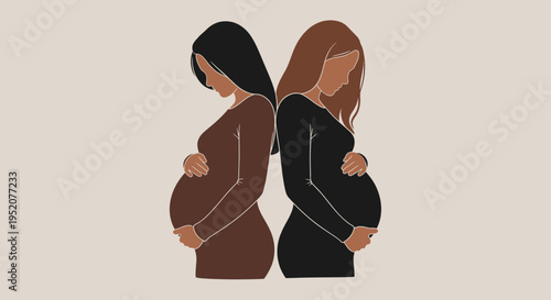 Minimalist Illustration of Two Diverse Pregnant Women Standing Back to Back, Expectant Mothers, Pregnancy Journey and Sisterhood Concept, Flat Art Style