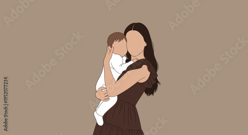 Minimalist Faceless Illustration of Mother Holding Her Baby - Motherhood, Parenting, and Maternal Love Concept