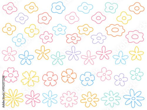 カラフルな花の線画イラストセット