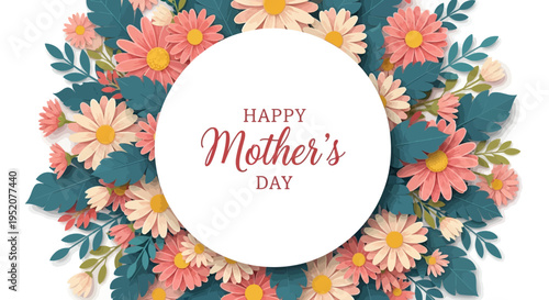 Happy Mother's Day Greeting Card with 3D Paper Cut Floral Wreath and Circular Frame