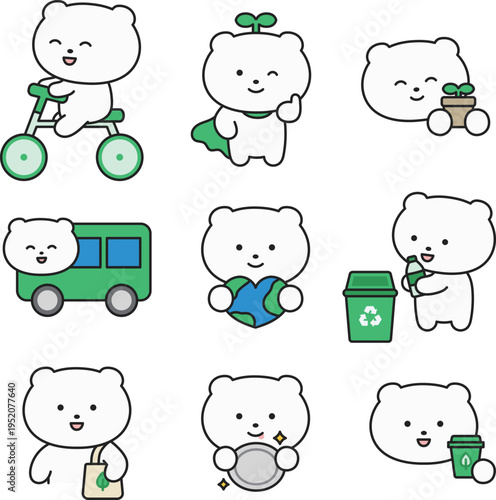 Cute eco friendly white bear character vector illustration set