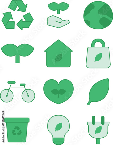 Simple green line eco friendly vector illustration icon set