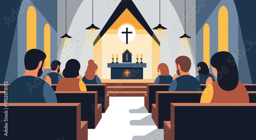 People gathered inside a church facing an altar and cross.