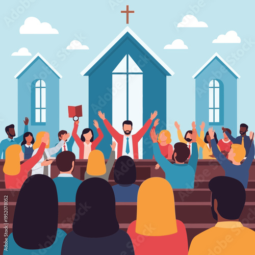 People gathered in a church with a preacher at the front.