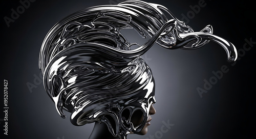 Side Profile Portrait of a Woman Wearing an Avant-Garde Liquid Chrome Metallic Headpiece with Sculptural Swirls and Fluid Silver Shapes for a Futuristic High Fashion Concept and Artistic Design.