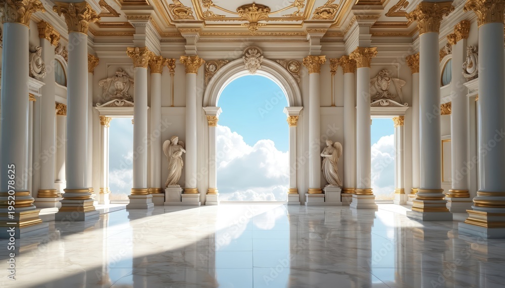 Fototapeta premium Grand marble hall with white columns ornate gold decor. Archways open to bright sky clouds. Statues flank central passage. Luxurious interior.