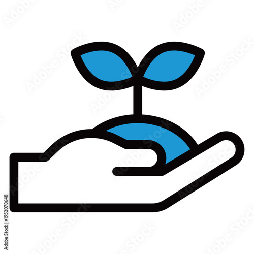 手のひらで青い双葉（苗）を育てるビジネスアイコン（2色・育成・サステナビリティ・初期段階）