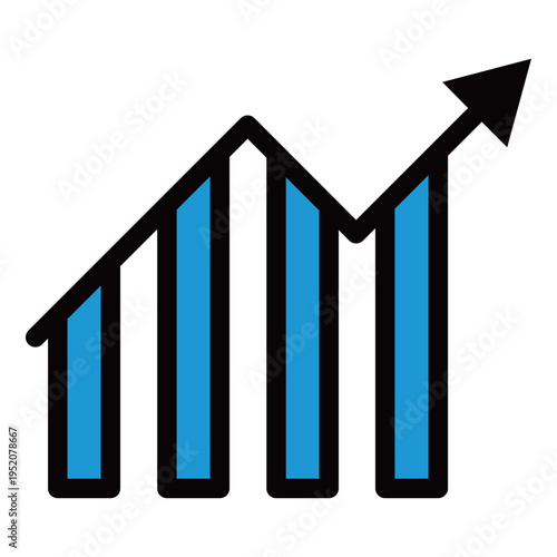 棒グラフの上に上昇する矢印のビジネスアイコン（2色・青・急成長・目標達成・実績）